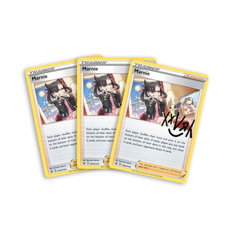 Pokemon Marnie Premium Tournament Collection box with Pokémon TCG cards, featuring Marnie character and game accessories.