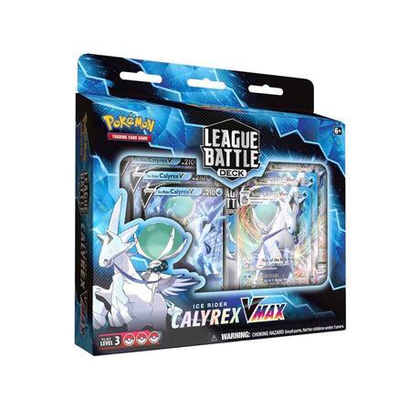 Pokémon TCG Ice Rider Calyrex VMAX League Battle Deck featuring Ice Rider Calyrex VMAX card and game accessories.