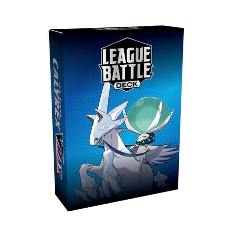 Pokémon TCG Ice Rider Calyrex VMAX League Battle Deck featuring Ice Rider Calyrex VMAX card and gameplay accessories.
