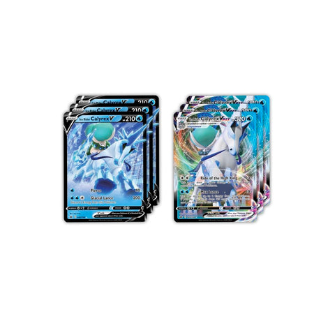 Pokémon TCG Ice Rider Calyrex VMAX League Battle Deck with Pokémon and cards displayed.