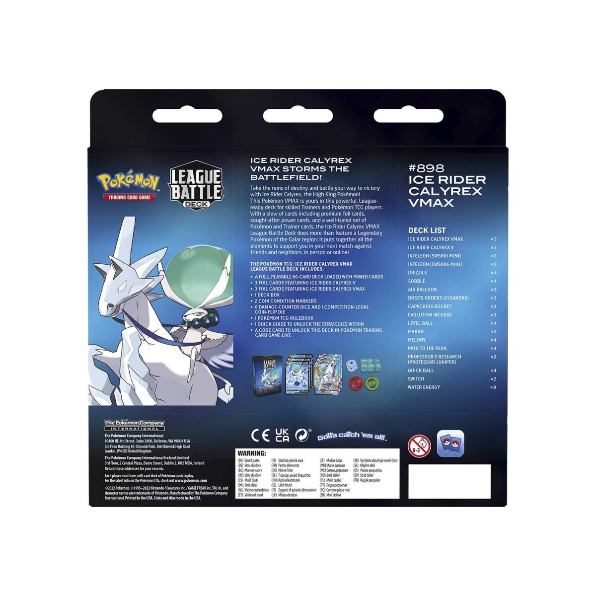 Pokemon Ice Rider Calyrex VMAX League Battle Deck featuring Pokémon TCG card game with Ice Rider Calyrex VMAX figure and deck components