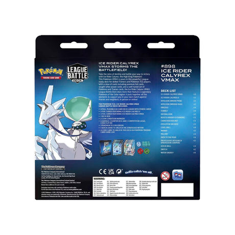 Pokemon Ice Rider Calyrex VMAX League Battle Deck featuring Pokémon TCG card game with Ice Rider Calyrex VMAX figure and deck components