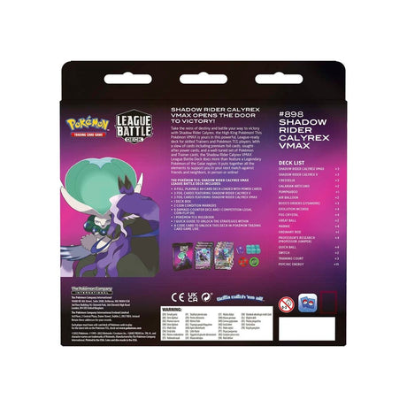 Pokemon Shadow Rider Calyrex VMAX League Battle Deck for Pokémon TCG, featuring artwork of Calyrex VMAX and deck components.