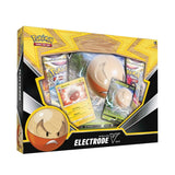 Pokemon Hisuian Electrode V Box featuring Pokemon TCG cards, with vibrant artwork and accessories for collectors and players.