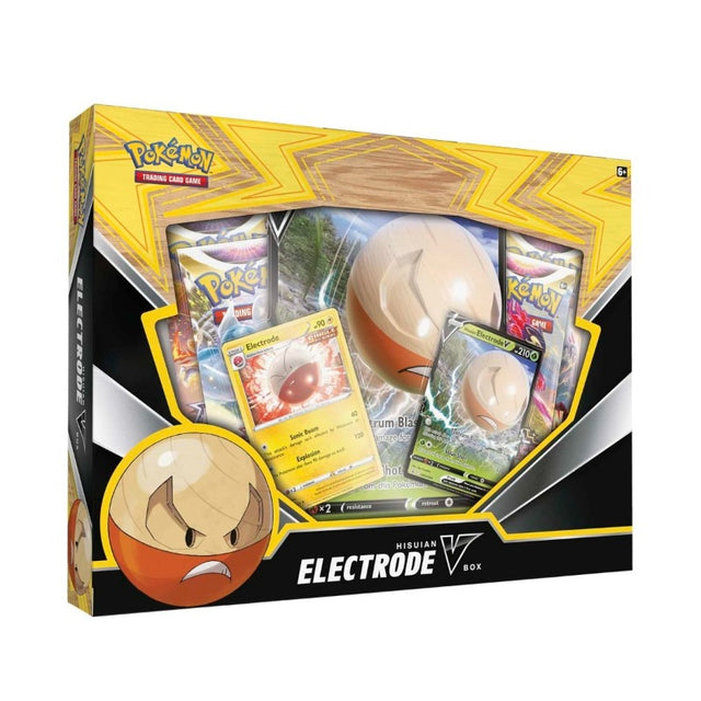 Pokemon Hisuian Electrode V Box featuring Pokemon TCG cards, with vibrant artwork and accessories for collectors and players.