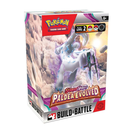 Pokemon Paldea Evolved Build & Battle Box containing trading cards, booster packs, and accessories for the Pokemon card game.