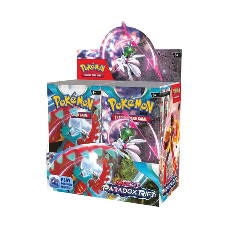 Pokemon Paradox Rift booster box featuring colorful artwork and multiple booster packs, ready for trading card game enthusiasts.