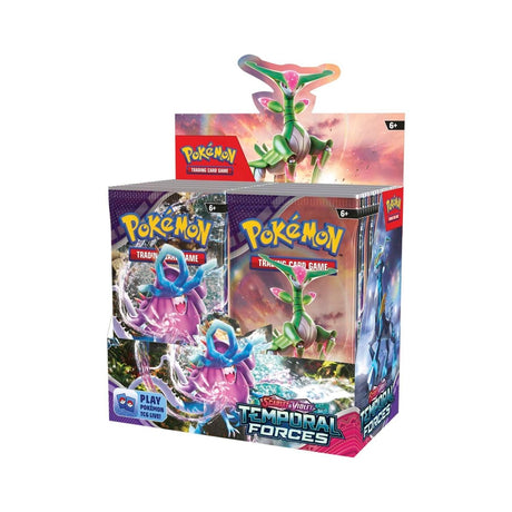 Pokemon Temporal Forces Booster Box featuring colorful trading card packs with vibrant artwork and collectible cards.