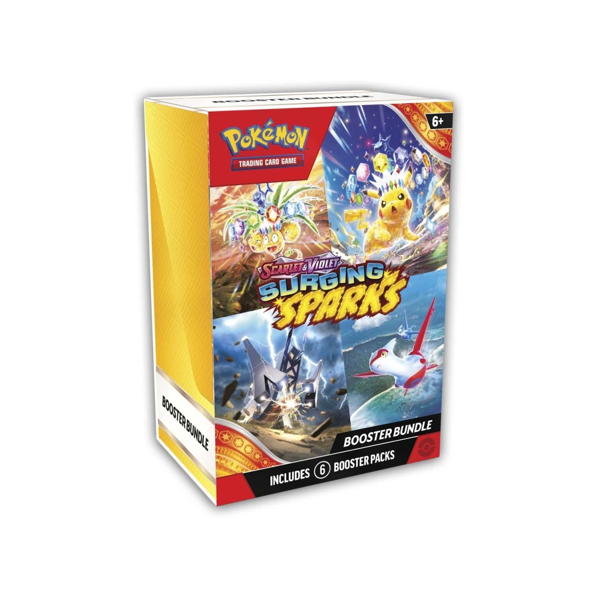 Pokemon Surging Sparks Booster Bundle with colorful booster packs and trading cards displayed on a plain background.