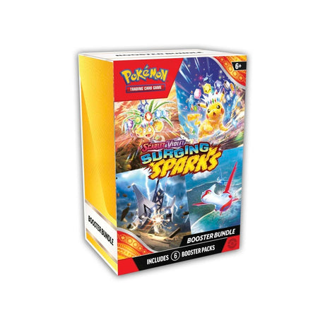 Pokemon Surging Sparks Booster Bundle with colorful booster packs and trading cards displayed on a plain background.