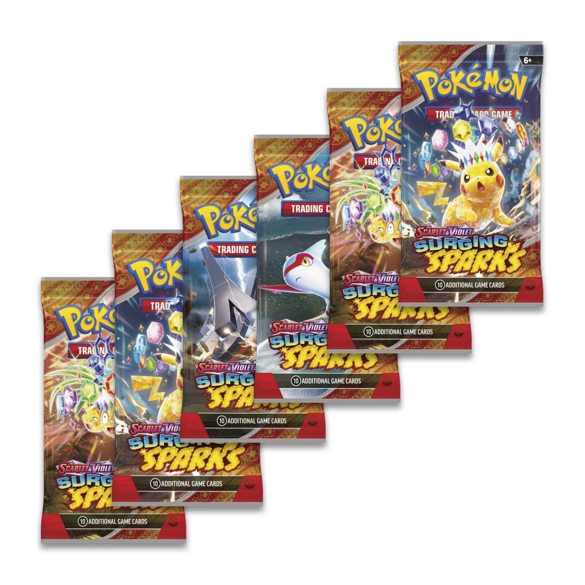 Pokémon Surging Sparks Booster Bundle featuring booster packs and promotional cards from the Pokémon trading card game.