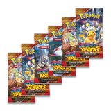 Pokémon Surging Sparks Booster Bundle featuring booster packs and promotional cards from the Pokémon trading card game.