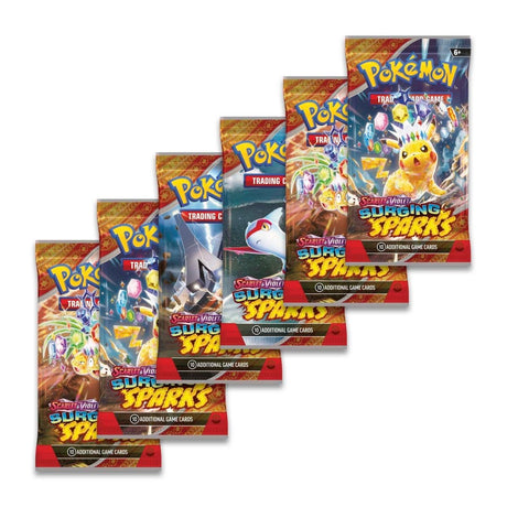 Pokémon Surging Sparks Booster Bundle featuring booster packs and promotional cards from the Pokémon trading card game.