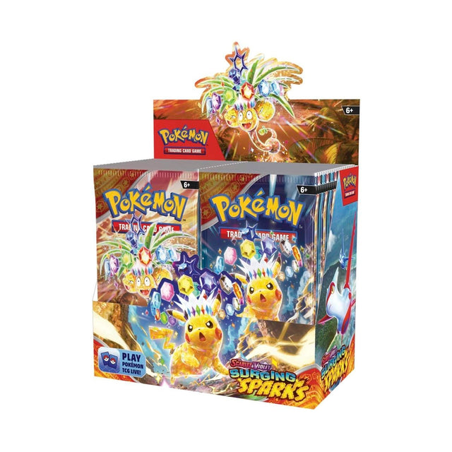 Pokemon Surging Sparks Booster Box featuring vibrant packaging and colorful cards from the collectible card game.