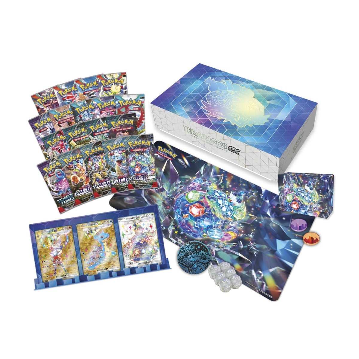 Pokemon Terapagos ex Ultra Premium Collection box featuring Pokémon TCG cards and accessories, with Pokémon branding.