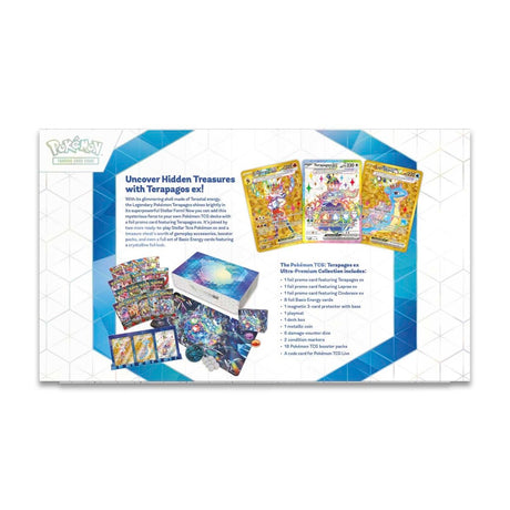 Pokemon Terapagos ex Ultra Premium Collection box with Pokémon TCG cards and accessories, featuring Terapagos ex artwork.