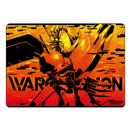 Official WarGreymon Digimon TCG playmat by Bandai featuring detailed WarGreymon artwork on a vibrant background.