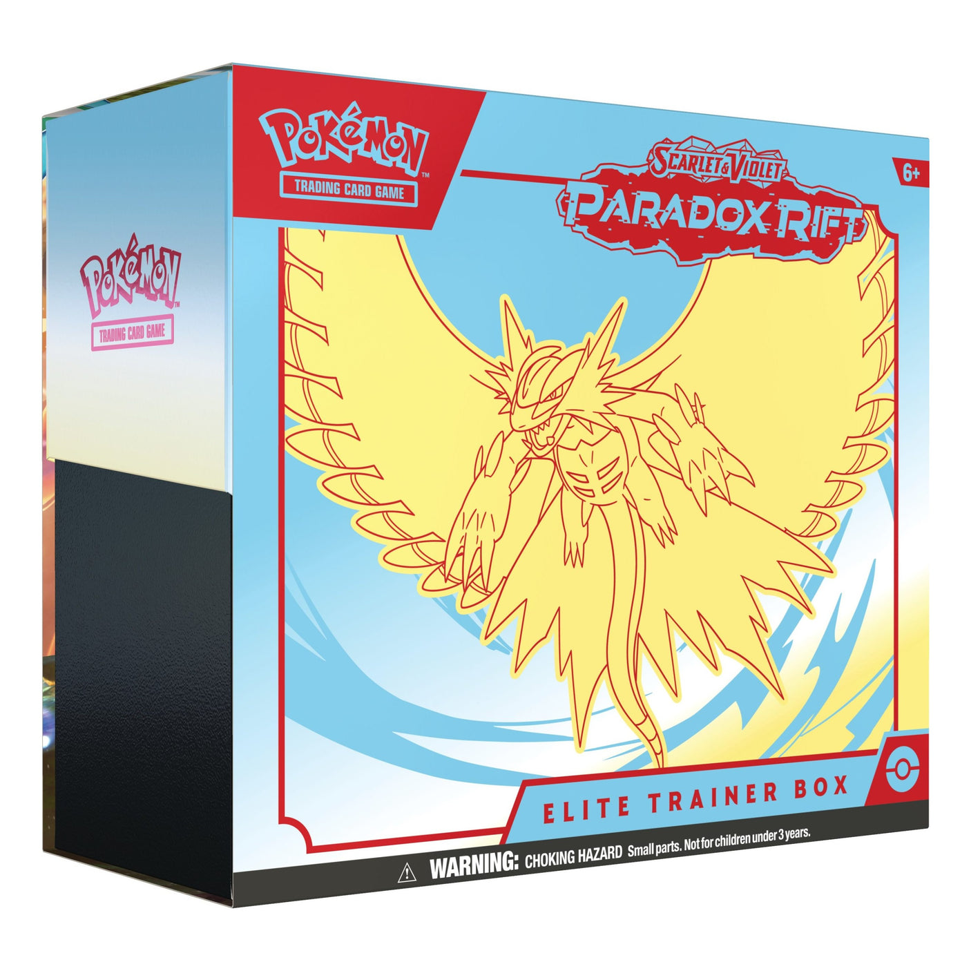 Pokémon TCG Paradox Rift Elite Trainer Box with Pokémon branding, featuring game cards, accessories, and storage case.