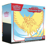 Pokémon TCG Paradox Rift Elite Trainer Box with Pokémon branding, featuring game cards, accessories, and storage case.