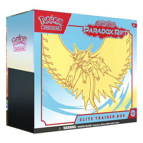 Pokémon TCG Paradox Rift Elite Trainer Box with Pokémon branding, featuring game cards, accessories, and storage case.