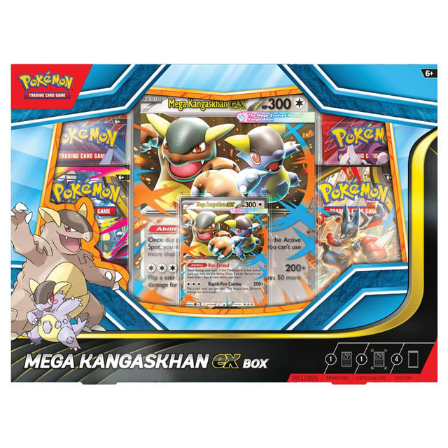 Pokemon Mega Kangaskhan ex Box featuring a large Mega Kangaskhan ex card and promotional Pokemon collectibles, front view.