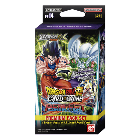 Bandai Dragon Ball Super Perfect Combination Premium Pack PP14 featuring colorful Dragon Ball characters and action figures.