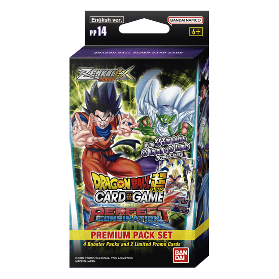Bandai Dragon Ball Super Perfect Combination Premium Pack PP14 featuring colorful Dragon Ball characters and action figures.