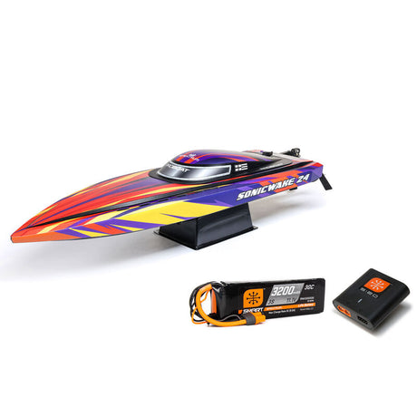 Proboat Sonicwake 24-inch RC boat with battery and charger, featuring sleek design and powerful motor for high-speed water racing.