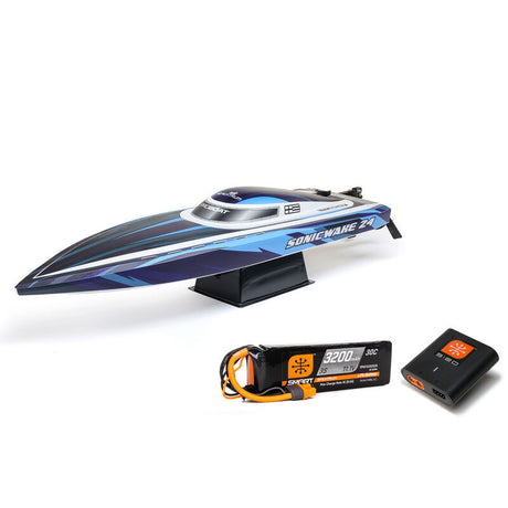 Proboat Sonicwake 24-inch RC pro boat with battery and charger, featuring sleek design and high-performance watercraft details.