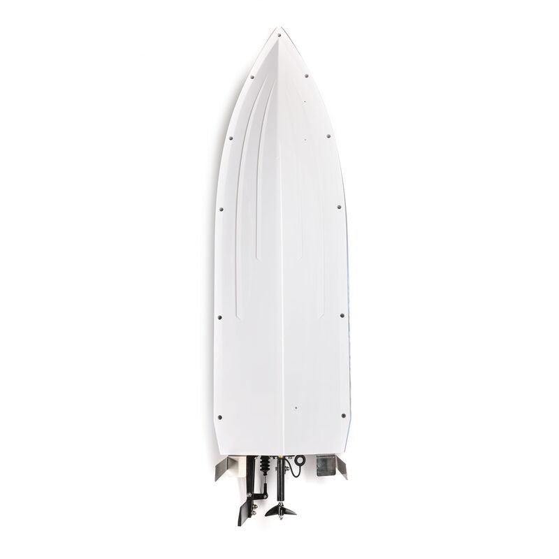 Proboat Sonicwake 24-inch RC boat with battery and charger, shown on water, featuring sleek design and detailed hull.