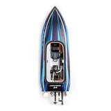Proboat Sonicwake 24-inch RC speedboat with battery and charger, featuring sleek design and vibrant blue colors.