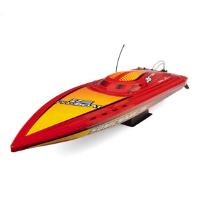 Proboat Sonicwake 36-inch V3 self-righting V-hull RTR boat on water, featuring sleek design and bright color scheme.