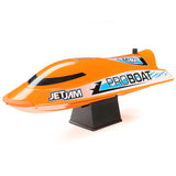 Proboat Jet Jam V2 12-inch self-righting pool racing boat with brushed motor, ready-to-run model on water.