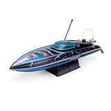 Proboat Recoil 2 18-inch self-righting brushless deep-V RC boat on water, showcasing its sleek design and vibrant colors