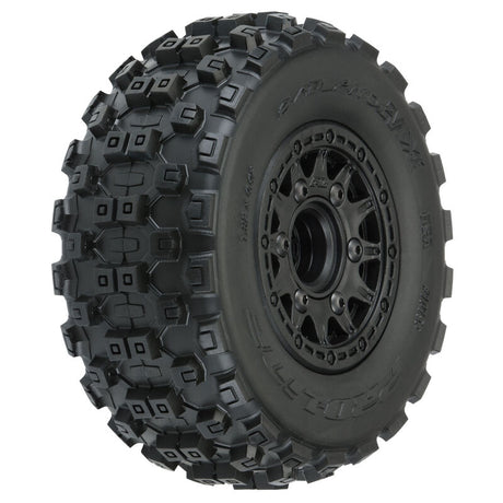 Proline Badlands MX SC M2 MTD Raid Slash RC truck tires with rugged tread for 2WD and 4WD off-road RC vehicles.