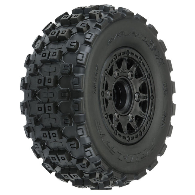 Proline Badlands MX SC M2 MTD Raid Slash RC truck tires with rugged tread for 2WD and 4WD off-road RC vehicles.