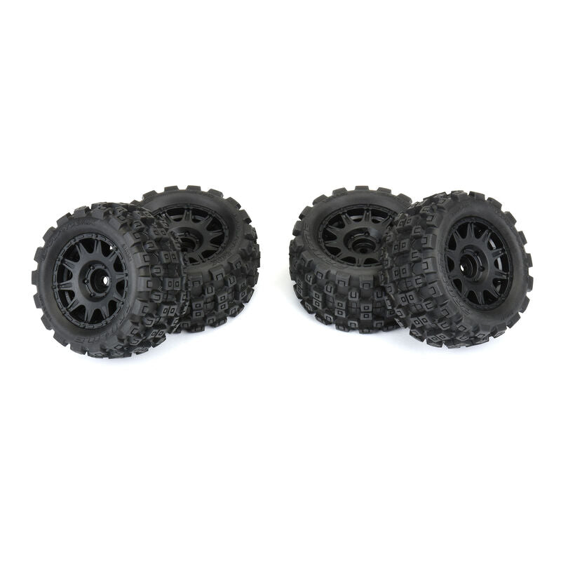 Set of four Proline 1/18 Badlands All-Terrain Truck Tires for Granite GROM remote control car, detailed tread pattern visible