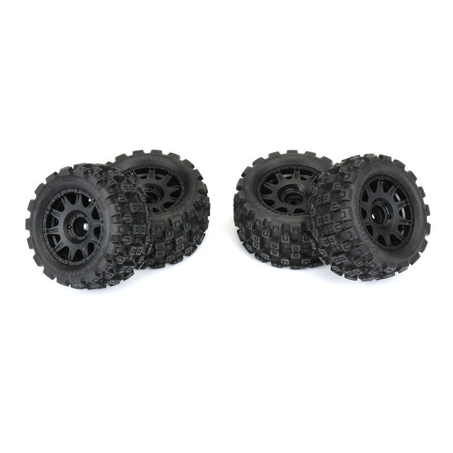 Set of four Proline 1/18 Badlands All-Terrain Truck Tires for Granite GROM remote control car, detailed tread pattern visible