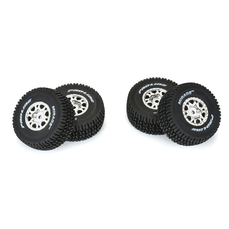 Set of four Proline Mirage TT satin silver mounted tires for Mojave GROM remote control truck, featuring detailed tread pattern.