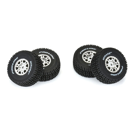 Set of four Proline Mirage TT satin silver mounted tires for Mojave GROM remote control truck, featuring detailed tread pattern.