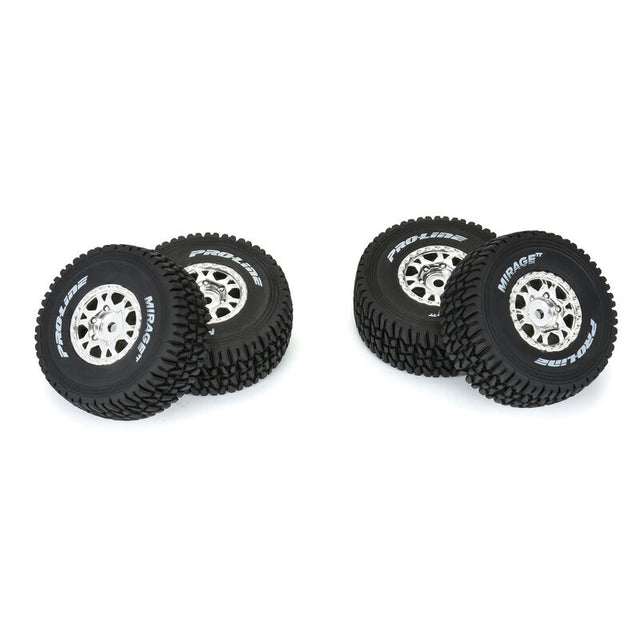 Set of four Proline Mirage TT satin silver mounted tires for Mojave GROM remote control truck, featuring detailed tread pattern.