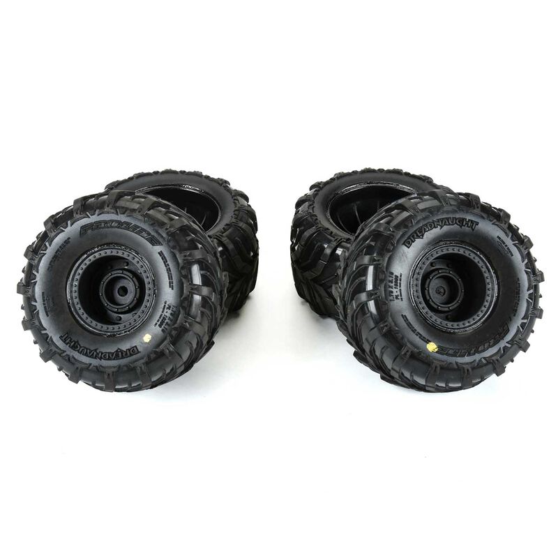 Proline Dreadnaught mounted tires for Gorgon and Quake GROM off-road RC vehicles, showing tread pattern and sidewall details.