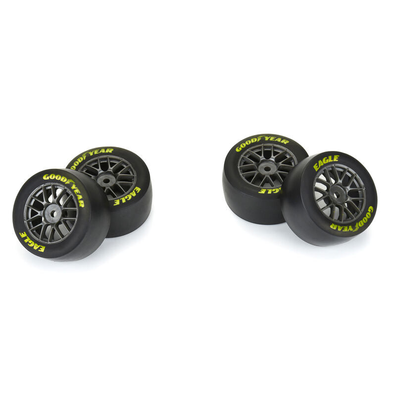 Proline Goodyear Eagle Soft tire set for Losi NASCAR race car, featuring grey rubber racing tires for front and rear wheels.