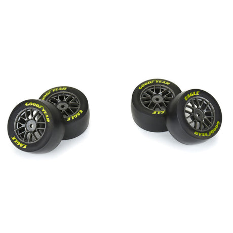 Proline Goodyear Eagle Soft tire set for Losi NASCAR race car, featuring grey rubber racing tires for front and rear wheels.