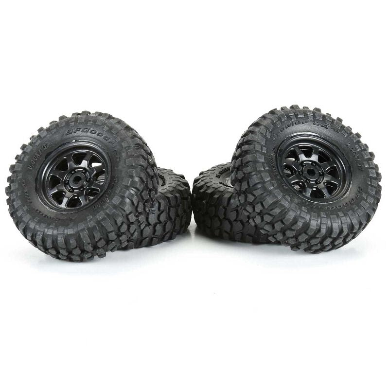 Proline 1/30 BFG Krawler tires mounted on black Icon wheels for SCX30 off-road RC vehicle, front and rear setup.