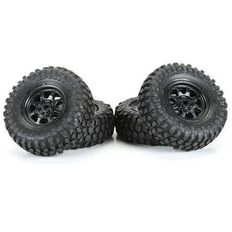 Proline 1/30 BFG Krawler tires mounted on black Icon wheels for SCX30 off-road RC vehicle, front and rear setup.