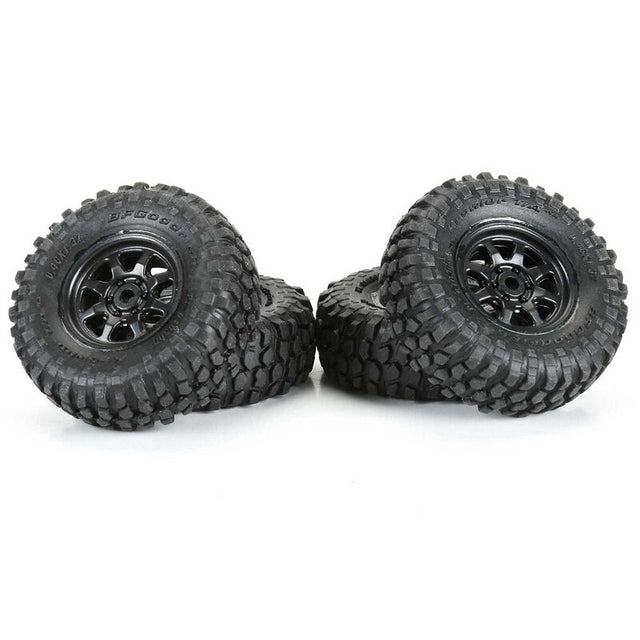 Proline 1/30 BFG Krawler tires mounted on black Icon wheels for SCX30 off-road RC vehicle, front and rear setup.