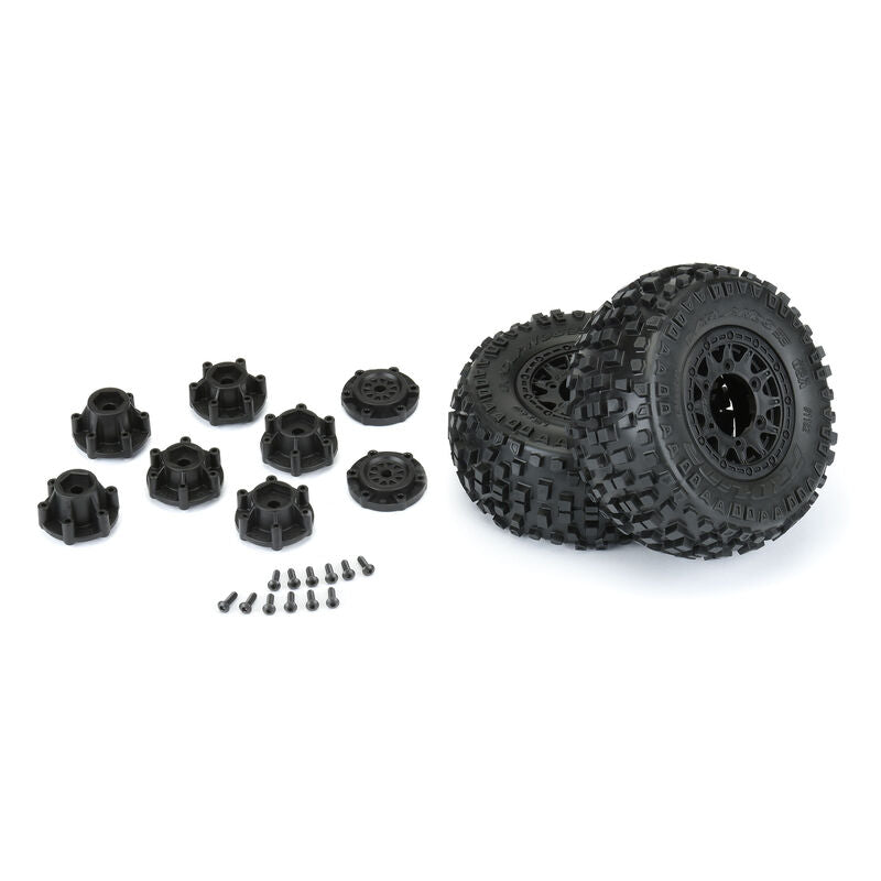 Set of two Proline Badlands SCT 2.2"/3.0" mounted tires with detailed tread pattern for RC trucks.