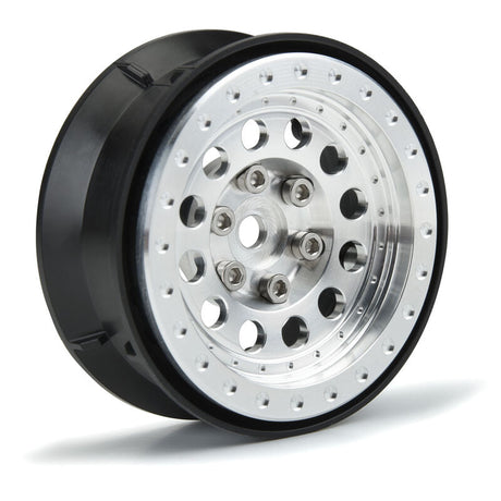 Pair of Proline 1/10 Rock Shooter Aluminum 1.9-inch wheels for RC trucks, featuring durable construction and sleek design.