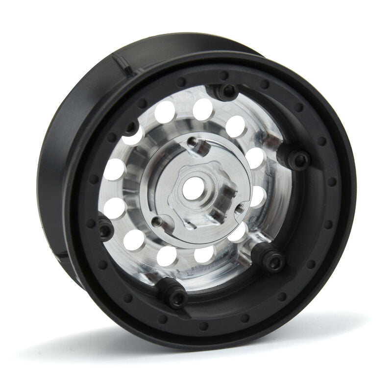 Pair of Proline 1/10 Rock Shooter aluminum wheels, 1.9-inch size, featuring a black finish and multi-spoke design for RC vehicles.